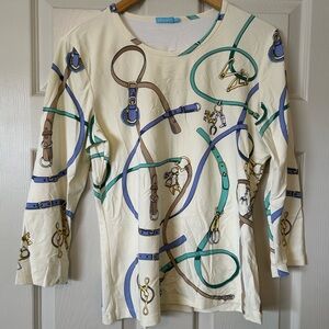 J. McLaughlin Cream and Blue Equestrian Print Top